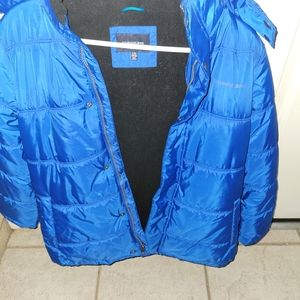 Vibrant blue puffy coat with warm black lining